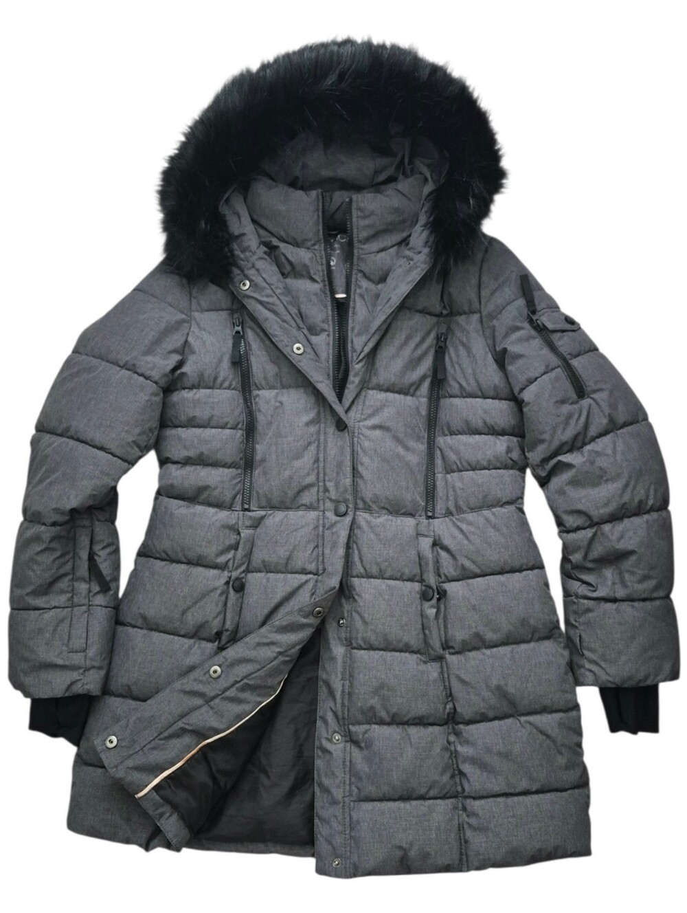 Nautica Long Womens faux fur trim hood puffer winter Jacket L water Resistant